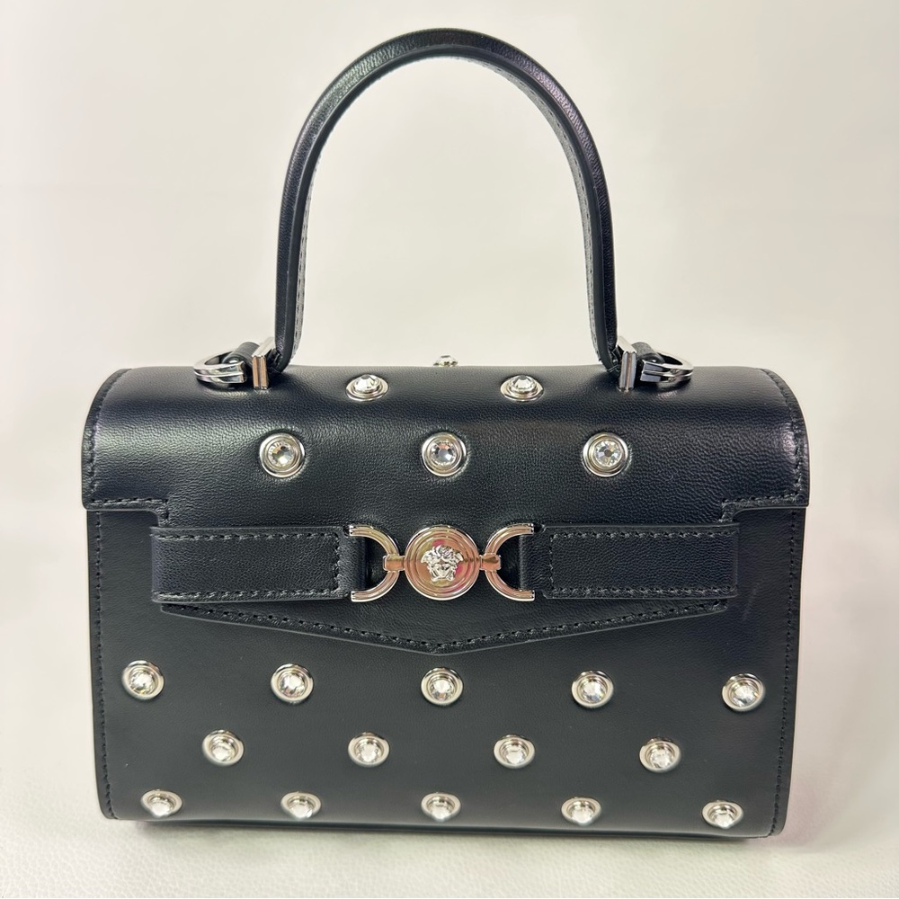 NEW! Versace Crystal Medusa 95 Studded Top Handle Shoulder Bag Black Lamb